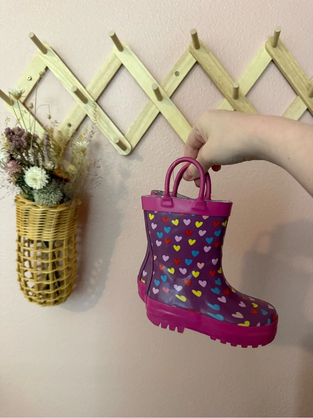 NEW Harper Canyon Kids Heart Print Purple Rain Boots with Pink Trim